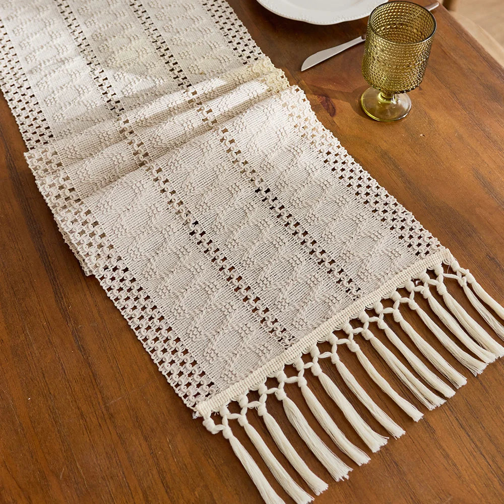 Beige Boho Tassel Table Runner