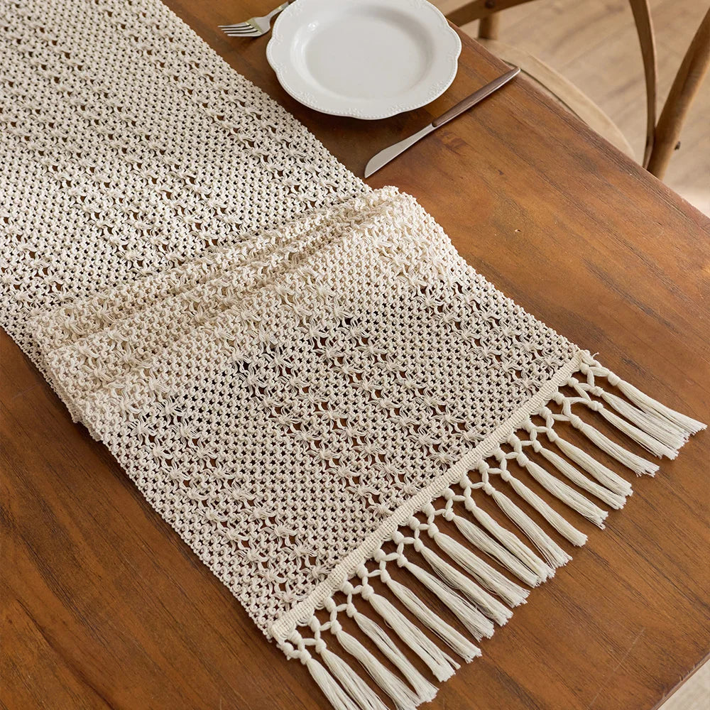 Beige Boho Tassel Table Runner