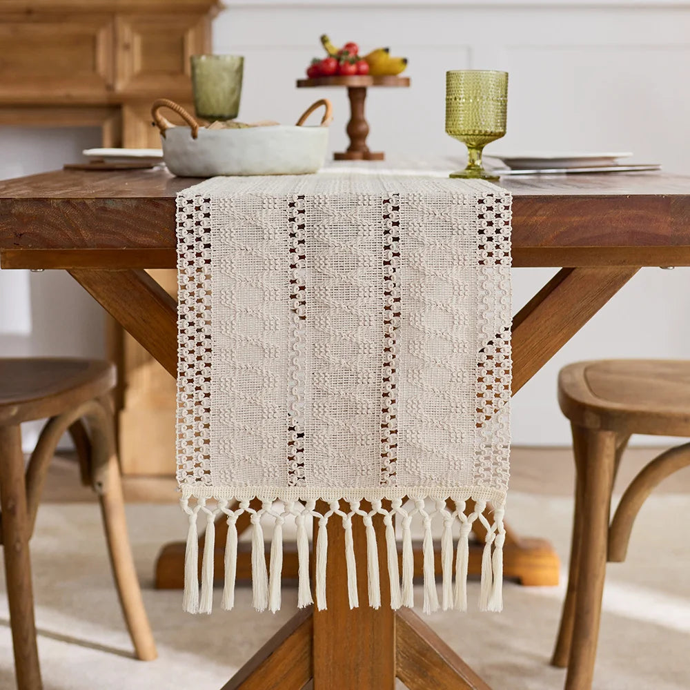 Beige Boho Tassel Table Runner