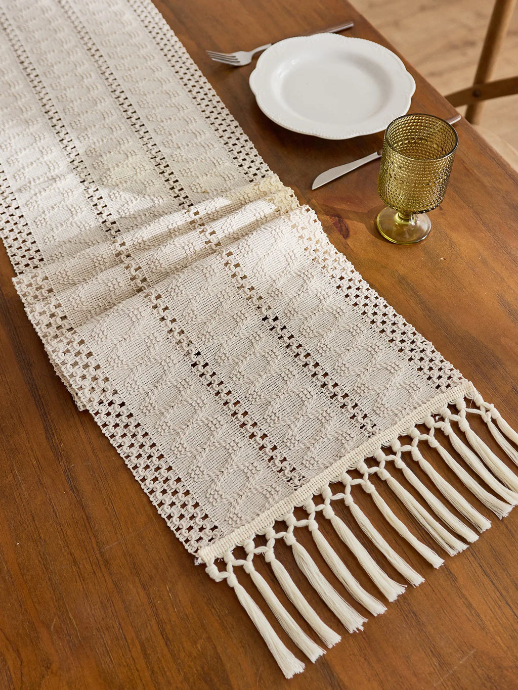 Beige Boho Tassel Table Runner
