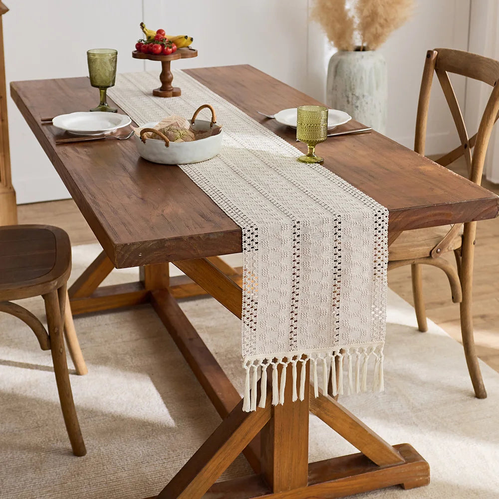 Beige Boho Tassel Table Runner