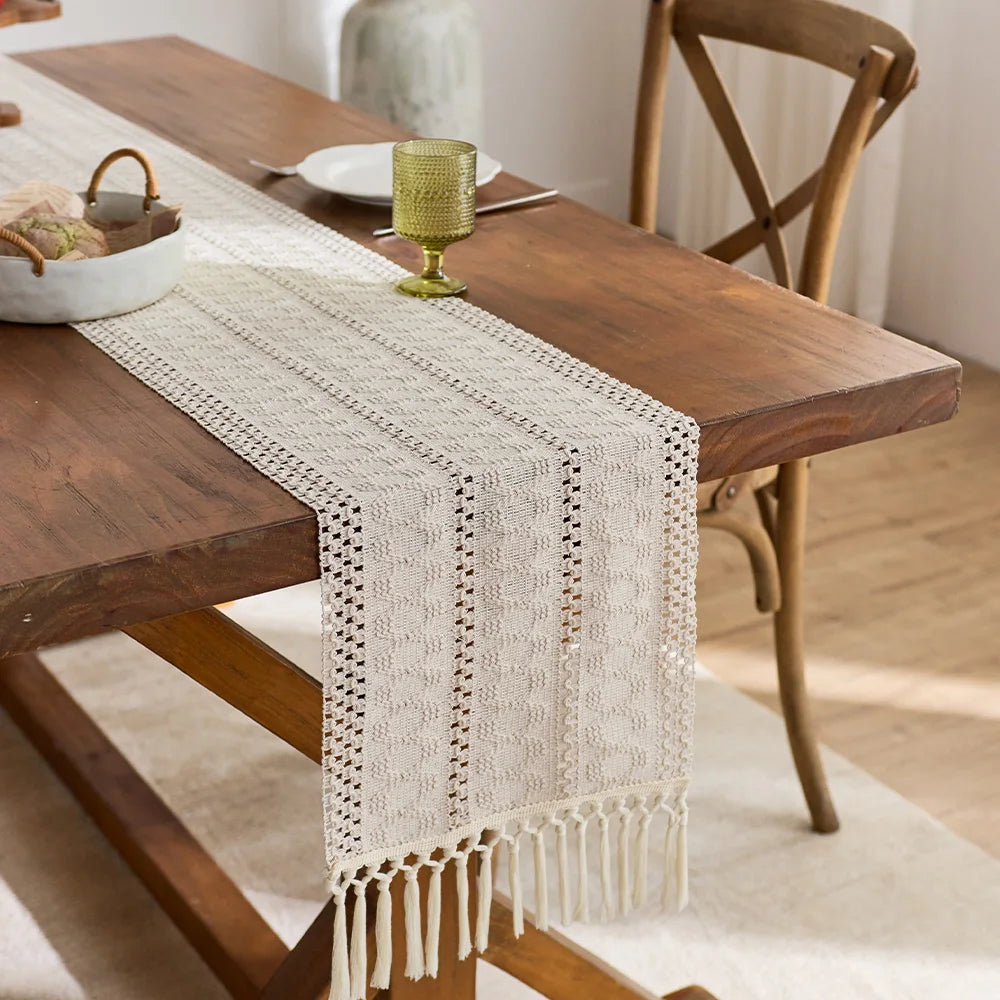 Beige Boho Tassel Table Runner