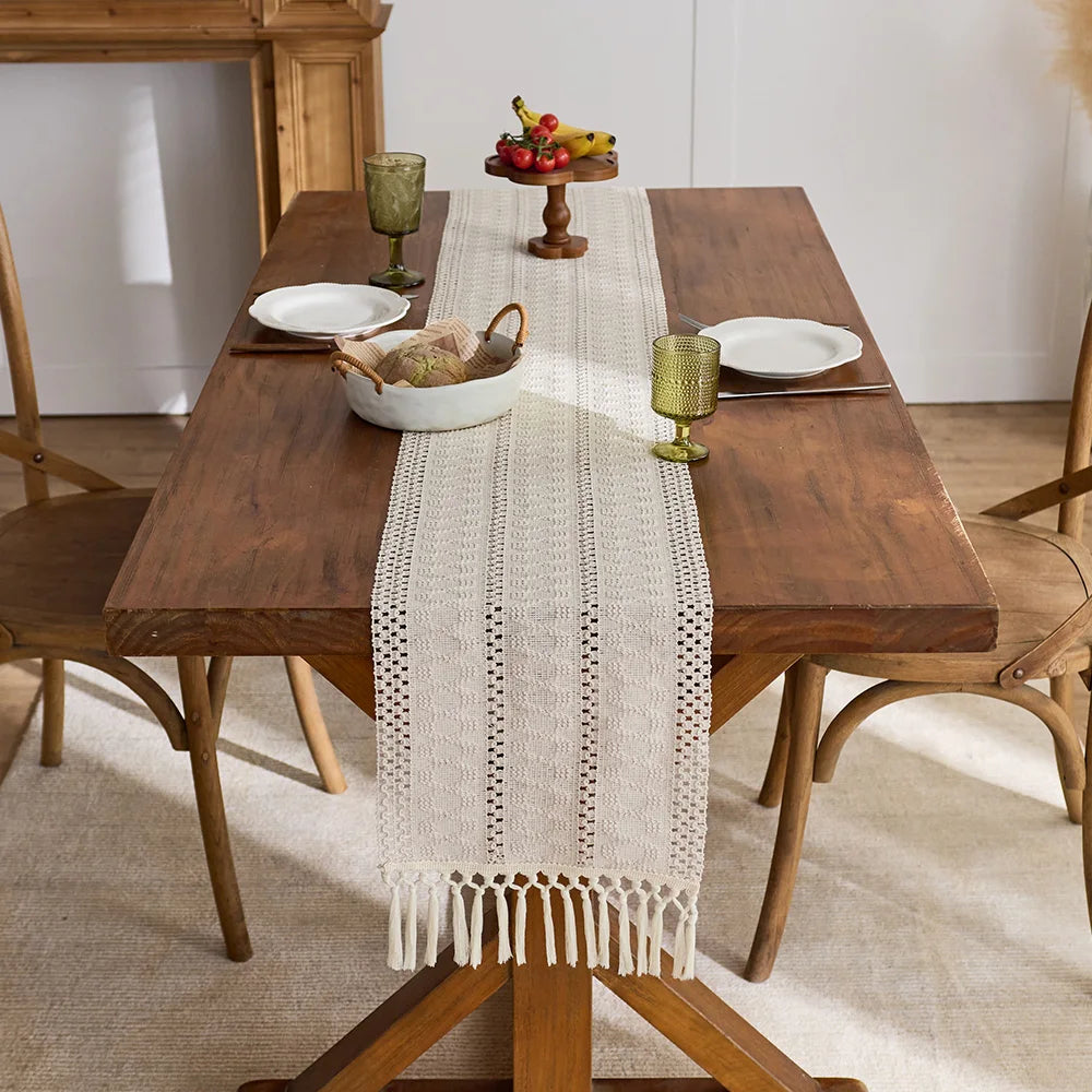 Beige Boho Tassel Table Runner
