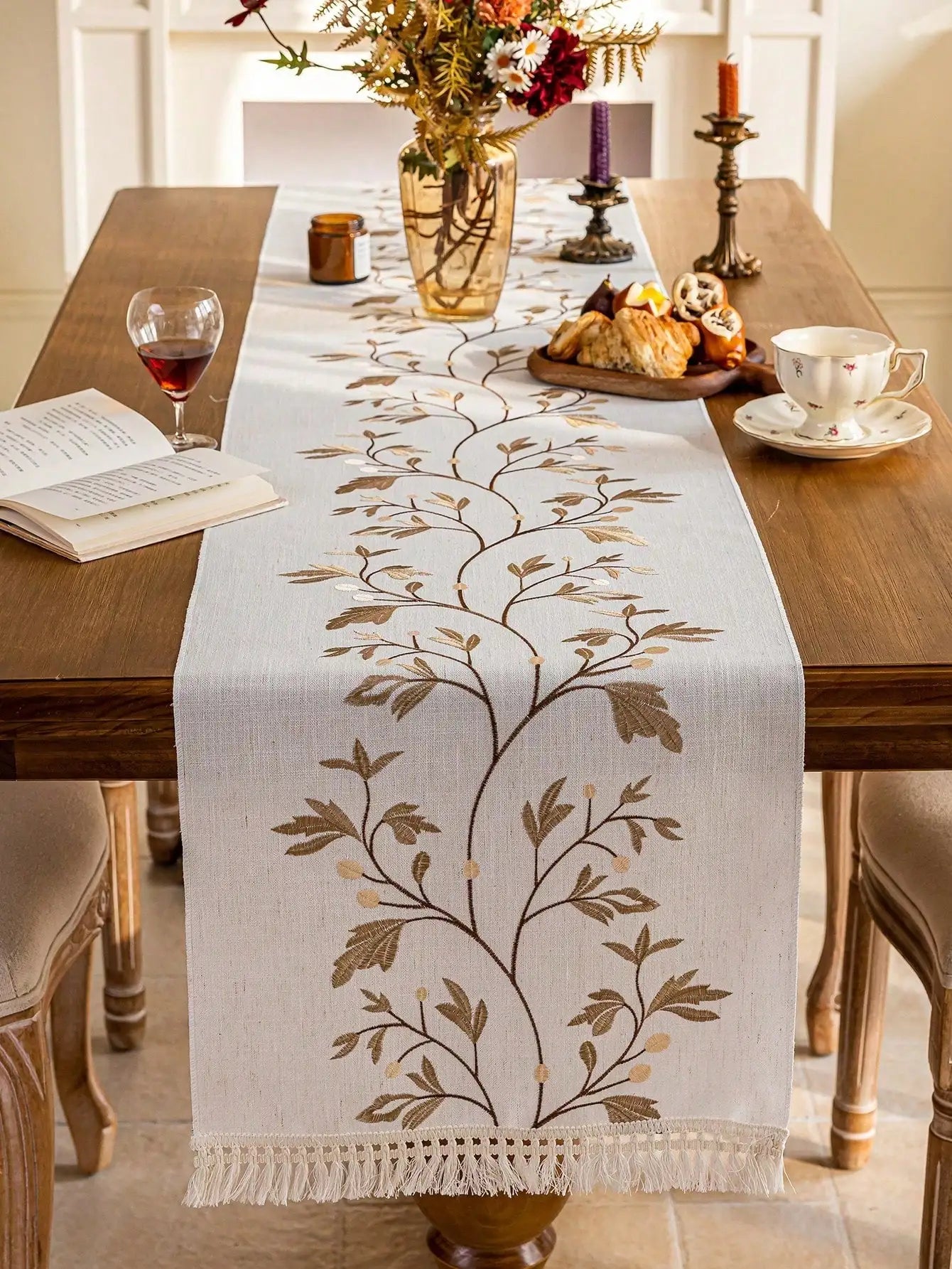 Coffee Branch Embroidery Table Runner